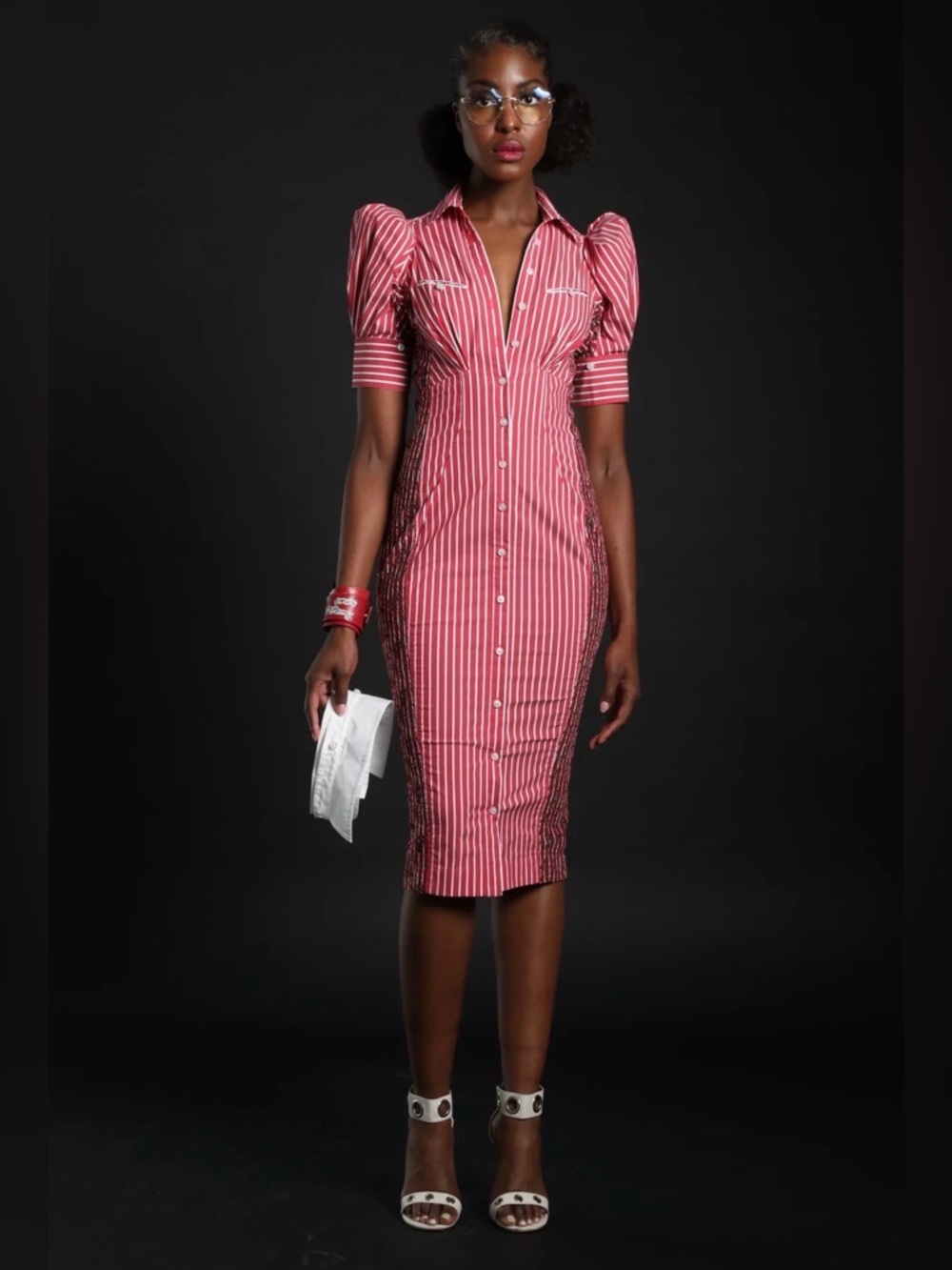BYRON LARS IN EARNEST Short Puff-Sleeve Hourglass Shirtdress 12 Red/White 🤩
